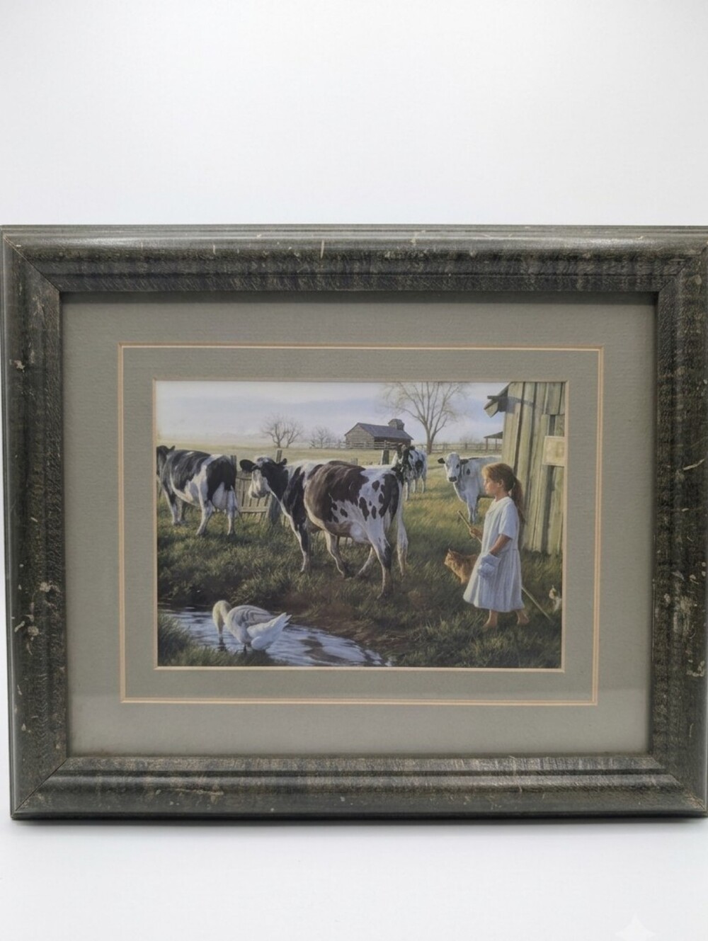 Rustic Farmhouse Framed Wall Art Print Pastoral Cow & Girl Scene